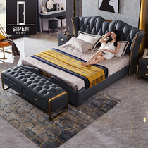 American light luxury leather bed postmodern genuine leather double bed 1 8 m minimalist master bedroom high-end soft bed storage wedding bed