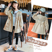 Girl autumn 2021 New Korean version of the children trend embroidery long waist trench coat childrens fashion coat