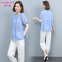 Literary cotton and linen suit womens summer 2021 new loose foreign style age reduction large size thin casual linen two-piece set