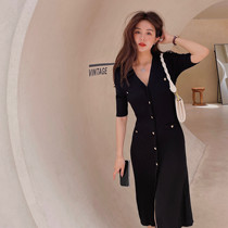 Pure Yuan SANDRO TEAM French Hepburn style black slim knit dress long early autumn dress women