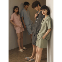 Couple pajamas womens summer cotton thin short-sleeved shorts spring and summer mens solid color cardigan home clothes two-piece suit