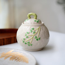 Lucky clover embossed ceramic storage jar pastoral style small candy jar tea pot European decorative storage jar