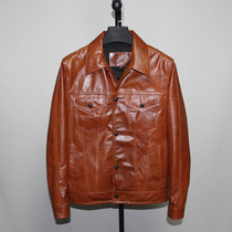 Re-wash batik thin soft head layer horse leather leather leather clothing men slim short retro casual denim mens coat Chen