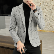 Suit jacket mens woolen single West Coat autumn and winter short fashion print small suit youth casual clothes