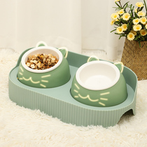 Cat bowl ceramic double bowl cat bowl cat food bowl food bowl high foot protection cervical spine anti-knock dog bowl water bowl cat supplies