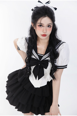 taobao agent Walnut JK [BlackBerry Sweetheart] Sailor collar waist bubble sleeve hot girl cake skirt college style sweet set