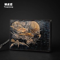 Handbag men 2021 new fashion leather letter bag handmade leather leather carving leather leather bag Dragon large capacity clutch bag tide