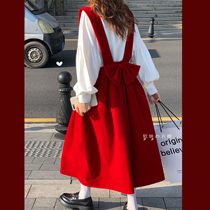 Homemade (soft)Winter Elf Princess~Christmas Red dress Big bow girl French mid-length sundress Black