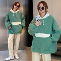 Pregnant women autumn and winter clothes plus velvet thick hooded sweater women long sleeve long size loose fat mm coat coat autumn