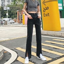 Canary Kiss high-waisted black straight jeans womens spring and autumn 2021 New thin Open-leg trousers