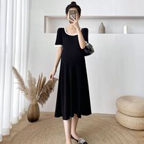 Pregnant summer Hepburn style small black skirt womens summer new medium-long thin ice silk knitted dress
