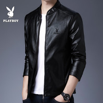 Playboy leather jacket mens slim thick plus velvet jacket mens spring and autumn winter casual handsome tooling