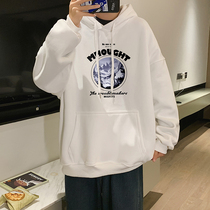 Hooded print sweater mens Spring and Autumn Tide brand ins tide loose autumn and winter trend port style plus velvet thick coat men