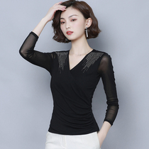  Autumn mesh v-neck Latin dance top to cover the belly and show thin national standard modern ballroom dance long-sleeved square dance clothing women