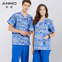 Anno printed surgical gown polyester cotton short-sleeved doctors uniform childrens beauty salon split suit womens handwashing suit