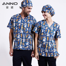 Anno surgical suit printed V-neck PET doctor hand washing suit brush hand clothes Beauty hospital work clothes Huahua dog blue