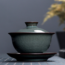 Tea bowl Old-fashioned celadon Sansai cover bowl Tea cup large Longquan iron tire ice crack handmade ceramic tea making Kung Fu tea set