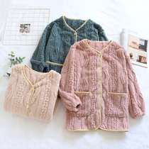 Autumn and winter pajamas womens single piece top flannel plus thick plus fleece warm cardigan loose coral fleece long-sleeved loungewear
