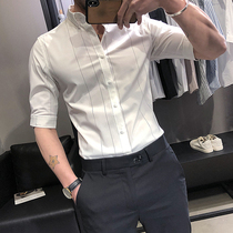 Summer mens vertical stripe white shirt mens short-sleeved Korean version of the trend slim-fit plaid thin casual long-sleeved shirt men