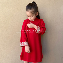 Girl Red Beiyenfu 2023 Spring Autumn New China Wind Elastic Open Fork Childrens Qipao Hanfu Dress Dress