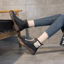  Hong Kong leather high-top board shoes womens 2021 spring new flat-bottomed all-match boots elastic band casual beef tendon bottom single shoes
