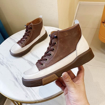 Hong Kong high-top small white shoes women 2021 autumn and winter New Korean version of Joker flat street shoot ins trendy shoes leather Board Shoes