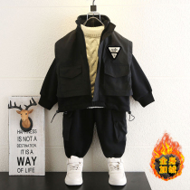 Korean boys autumn and winter clothes plus velvet suit new large children Korean version of foreign style zipper shirt fake three-piece set Tide brand