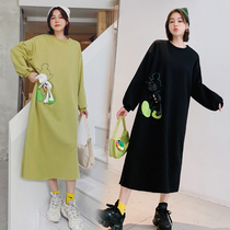 2021 spring fat plus size maternity dress knee-length sweater loose thin late pregnancy Western style plus velvet long skirt