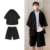 Summer suit suit Mens thin ice silk shirt Mens short-sleeved tide Korean version of sports and leisure tide brand loose suit