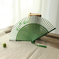Green plum hand-painted Japanese style and style womens fan Chinese wind folding fan bamboo handle fan gift fan silk fan