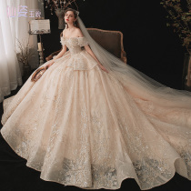 One shoulder French main light wedding dress 2020 new big tail pregnant starry sky summer 2021 bride high luxury