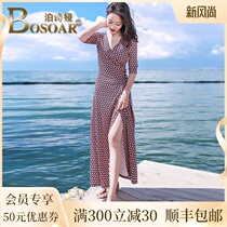 Bosoar beach dress Thai holiday temperament printed dress Womens waist thin fashion split wrap dress