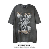 UXXXUSUDIO original tidal signs European and American High Street Dark Black Department do old Angels printed Short Grapefruit T Male And Female Half Teak