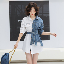 2021 Spring loaded with new Korean version Fashion foreign air port Wind in long style Splicing Denim Shirt Cardio-hoodie Jacket Woman slim fit