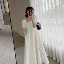 FT GUOGE white dress womens 2021 summer new square collar French retro bubble sleeve temperament long dress
