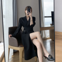 FT GUOGE black blazer dress Early Spring 2022 new long sleeves waist-cinching slim temperament goddess Fan long skirt