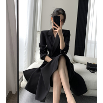 FT GUOGE black dress womens 2022 autumn dress new long sleeves waist thin hepburn style suit skirt