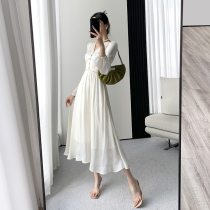 FT GUOGE white dress womens 2022 autumn dress new long sleeves waist thin gentle wind V neck midi skirt