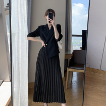 FT GUOGE black blazer dress womens 2022 autumn dress new style waist thin temperament fake two pleated skirt
