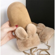 Gloves Winter ladies Korean version of cute suede joint neck student Cycling Plus velvet thick warm cotton gloves