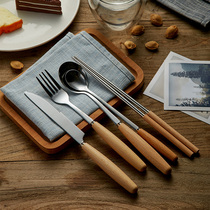 Japanese wooden handle knife and fork spoon household spoon Chinese and Western food tableware chopsticks fruit fork small spoon wooden handle tableware set