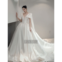 2021 autumn satin light wedding dress big tailing deep V thin French Hepburn simple Korean temperament retro go out yarn