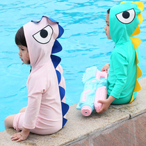 Childrens swimsuit Girls cartoon dinosaur hooded sunscreen Boys one-piece long-sleeved swimsuit Hot spring baby bathing suit