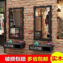 Solid wood barber shop mirror hairdressing shop mirror table single-sided low price clearance hair salon Barber shop cabinet wall-mounted retro