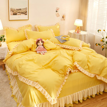 Small freshens ~ ins wind bed four pieces of full cotton pure cotton girl heart lotus leaf lace quilt cover sheet blue bed product