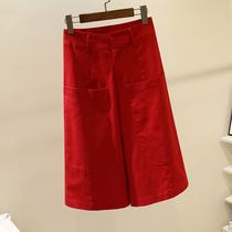 Large code red high waist elastic denim Jeans Wide Leg Seven Pants Women Spring Summer New Loose 100 Hitch Casual Straight Drum Pants