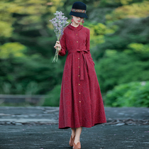 Ying as a national style cotton linen dress womens windbreaker autumn and winter New temperament base skirt plaid print coat