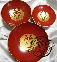 Antique Japanese Army 3 Sake Cup Set Wood Paint Gold Latex Paint Maku Painting Maki-e World War II