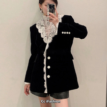 Korea EENK coat velvet lace stitching V-neck suit black French 21 autumn and winter domestic