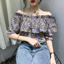 Purple floral chiffon shirt female design sense niche 2021 new ruffle edge word shoulder bubble sleeve top summer